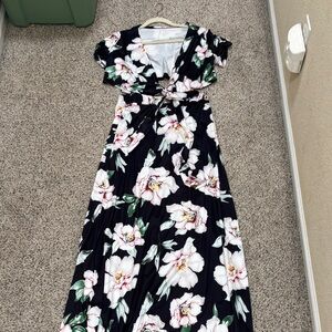 Black Floral V-Neck Maxi Dress Two Piece with White & Green Blooms